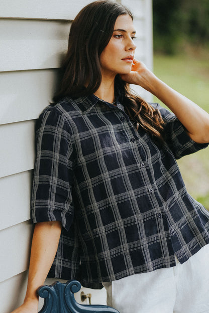 Montaigne Dion Linen Blouse Dark Navy Check1
