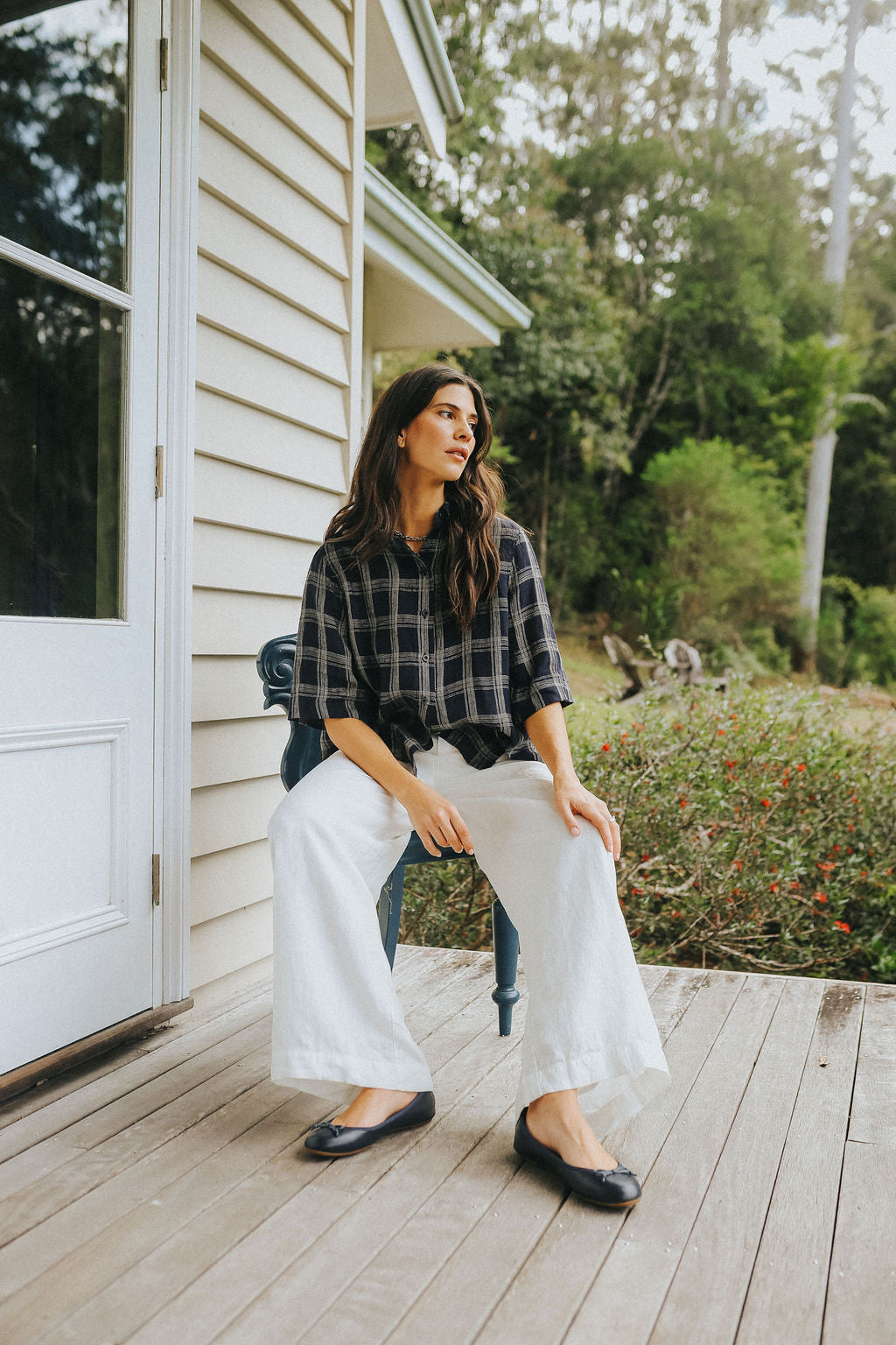 Montaigne Dion Linen Blouse Dark Navy Check2