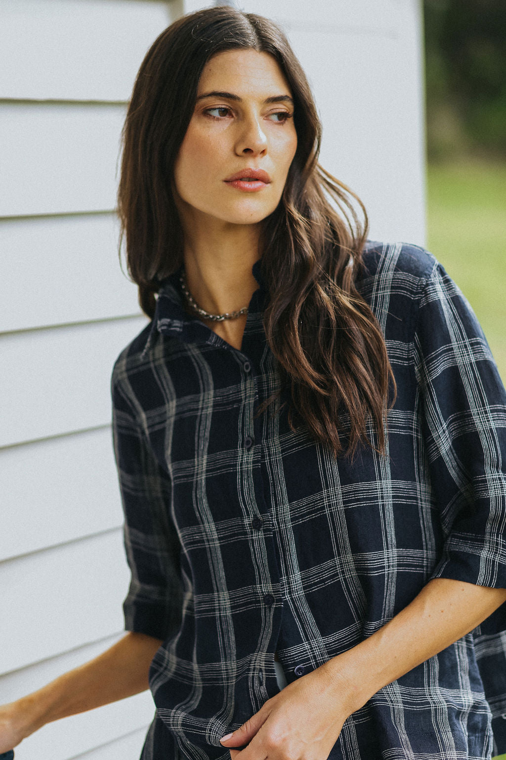 Montaigne Dion Linen Blouse Dark Navy Check3