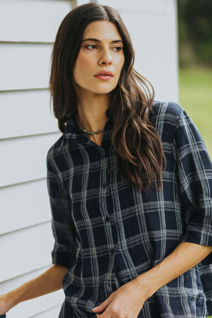 Montaigne Dion Linen Blouse Dark Navy Check3