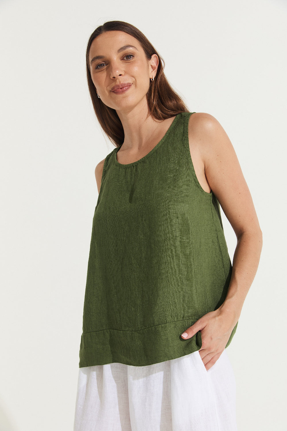 Montaigne Ebonie Linen Singlet Top Forest Green