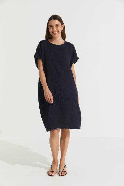 Montaigne Eliza Slimline Linen Dress Navy