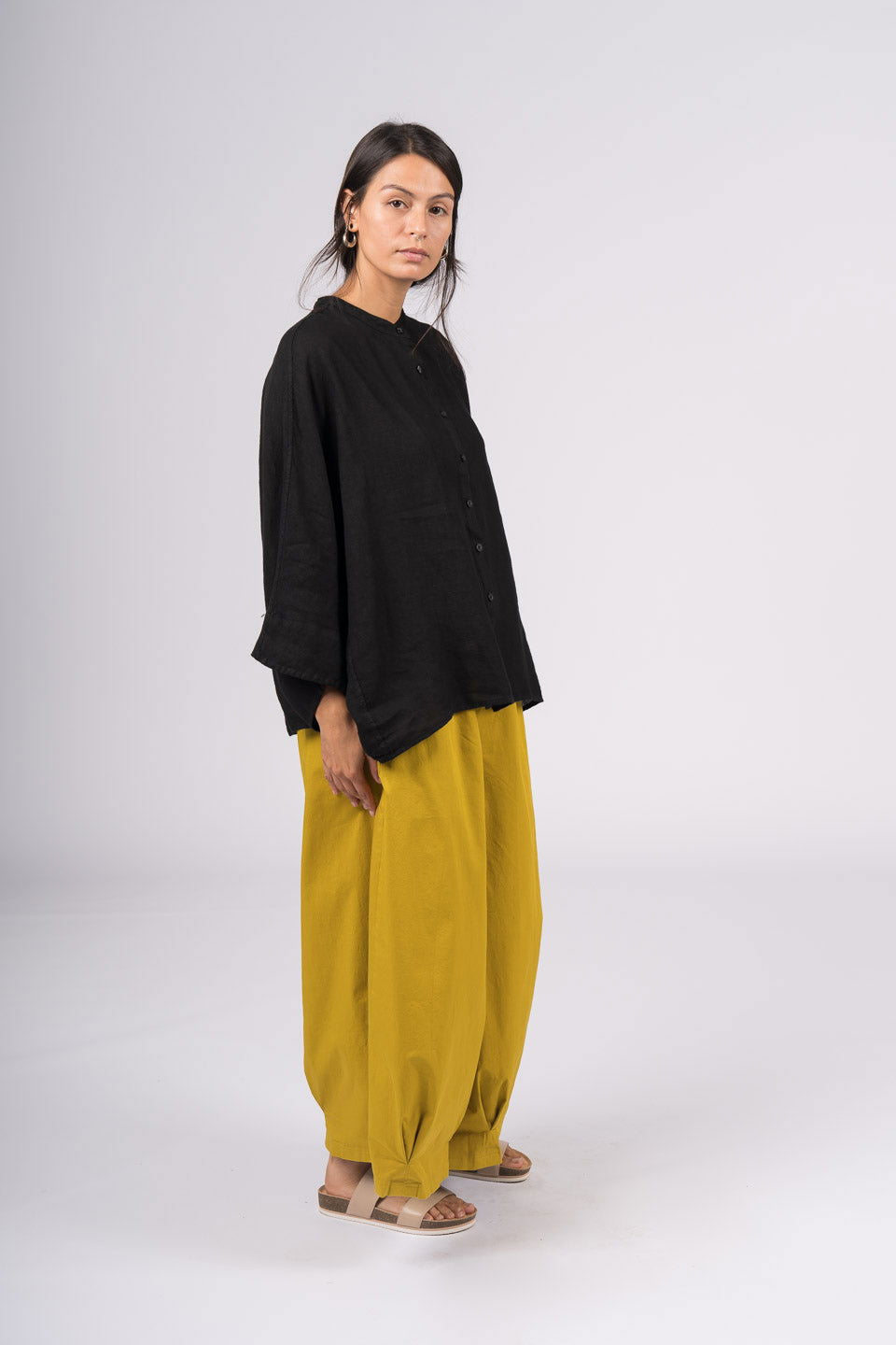 Montaigne Ellis Button Through Smock Linen Top Black