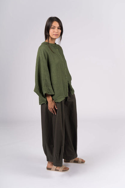 Montaigne Ellis Button Through Smock Linen Top Forest Green
