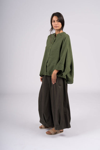 Montaigne Ellis Button Through Smock Linen Top Forest Green1