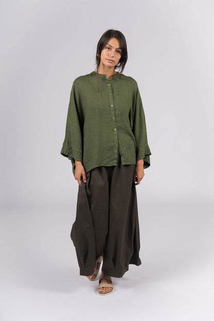 Montaigne Ellis Button Through Smock Linen Top Forest Green3