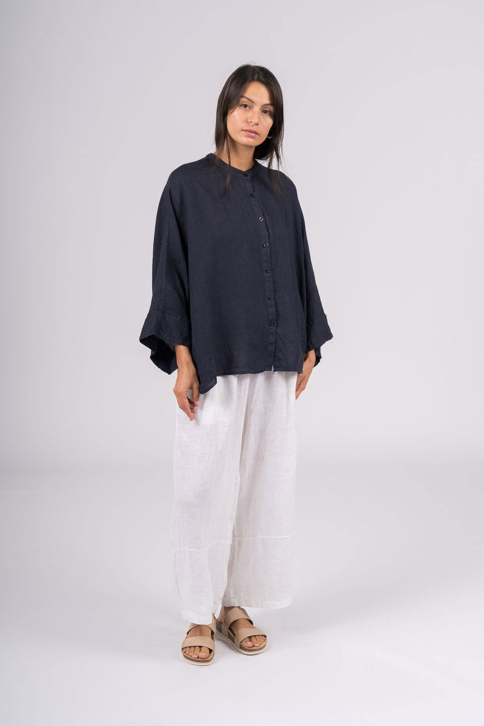 Montaigne Ellis Button Through Smock Linen Top Navy