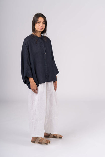 Montaigne Ellis Button Through Smock Linen Top Navy1