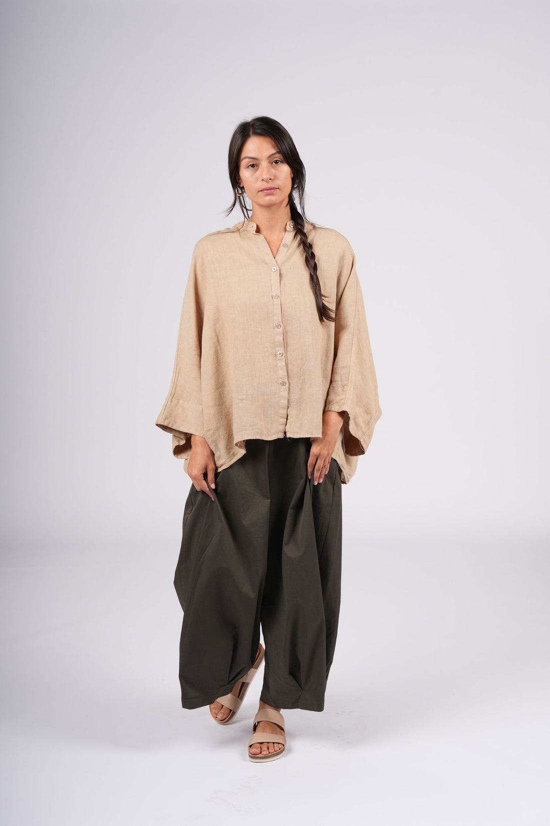 Montaigne Ellis Button Through Smock Linen Top Ocre