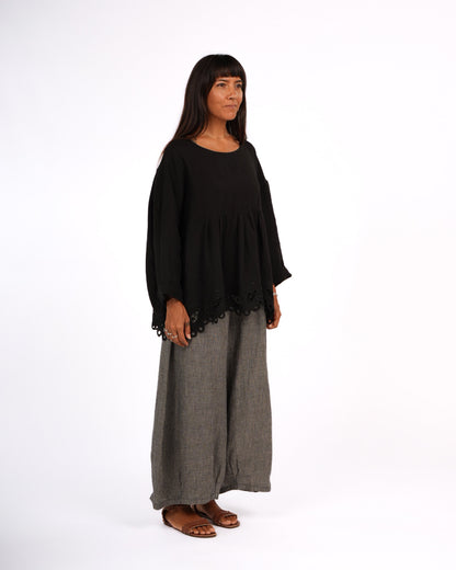 Montaigne Embroidered French Linen Blouse Black1