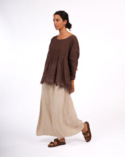 Montaigne Embroidered French Linen Blouse Brown