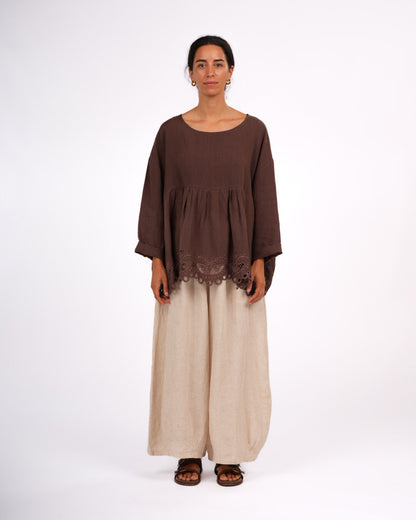 Montaigne Embroidered French Linen Blouse Brown3