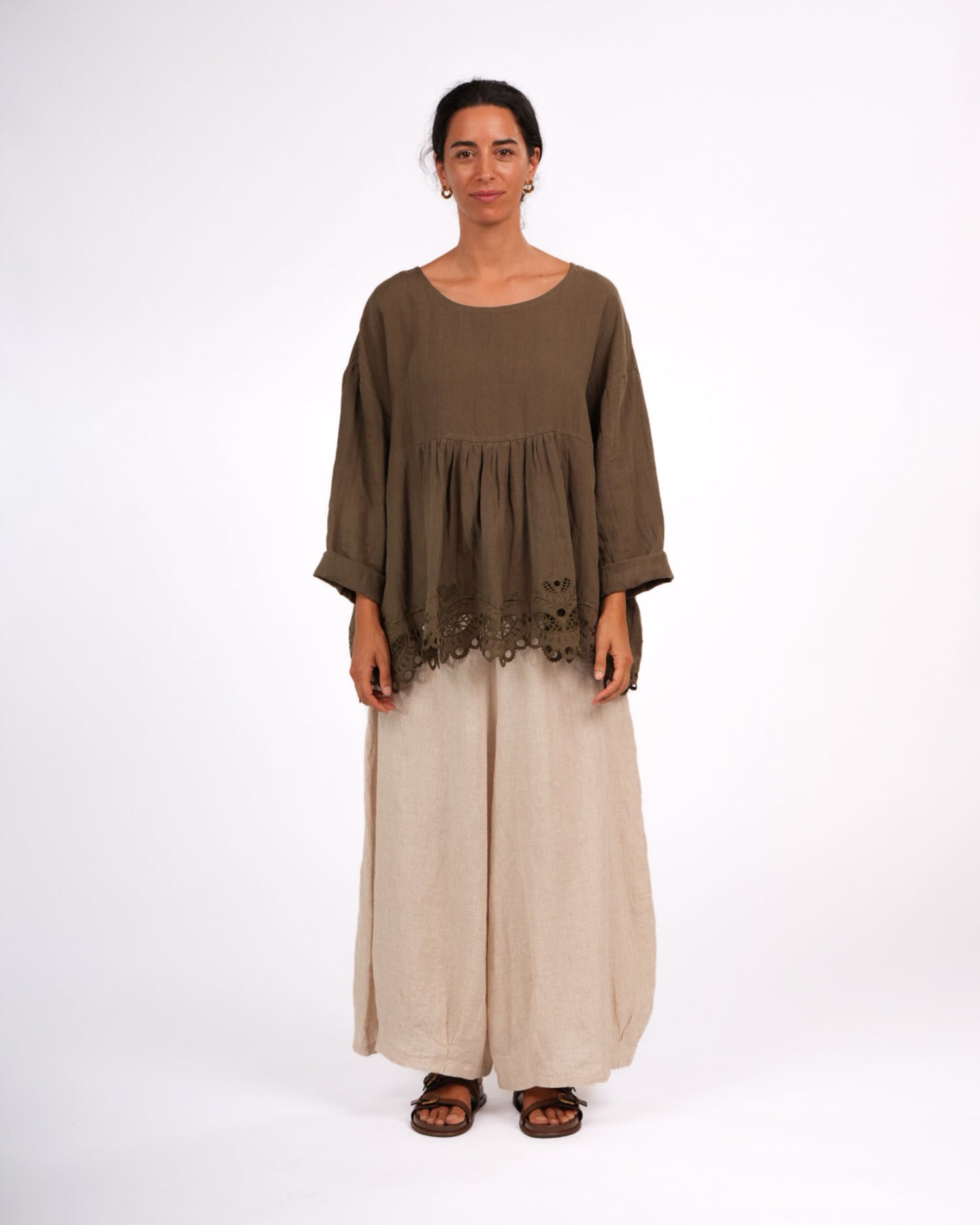 Montaigne Embroidered French Linen Blouse Khaki