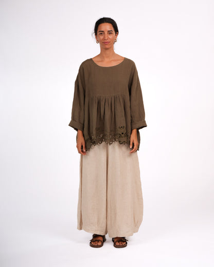 Montaigne Embroidered French Linen Blouse Khaki