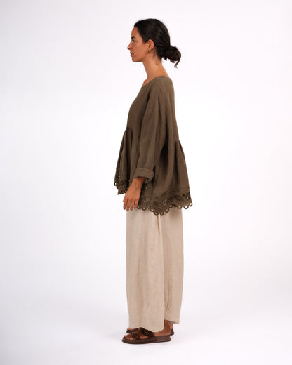 Montaigne Embroidered French Linen Blouse Khaki3