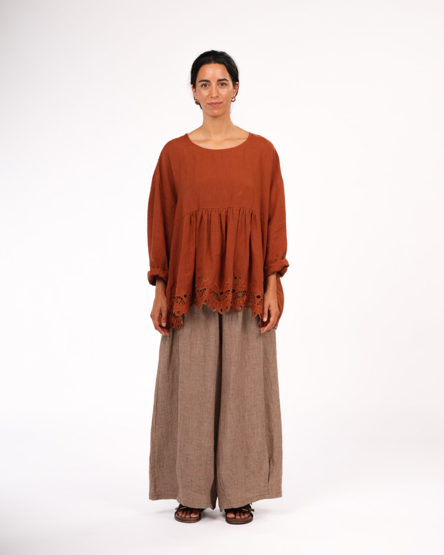 Montaigne Embroidered French Linen Blouse Rust