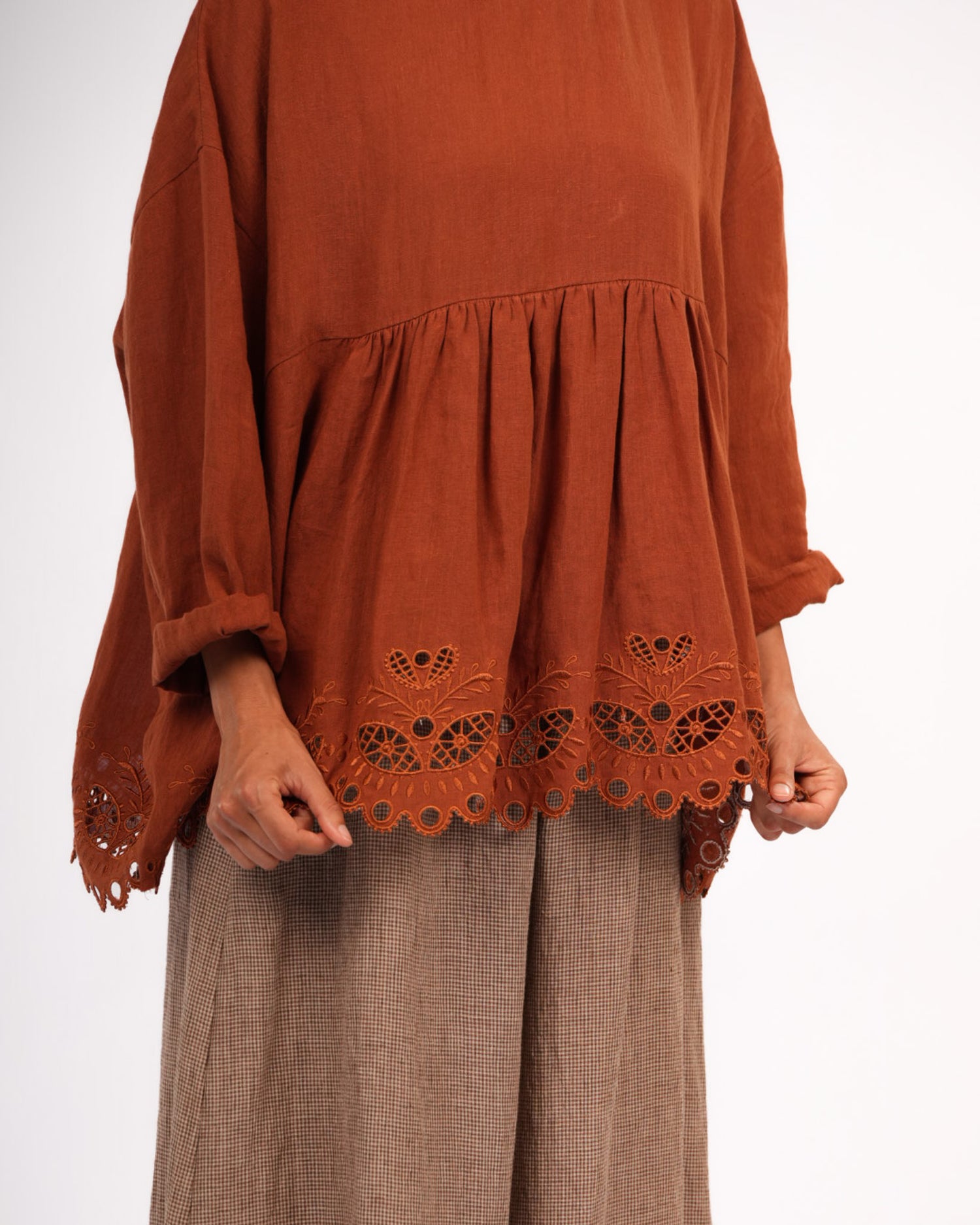 Montaigne Embroidered French Linen Blouse Rust1