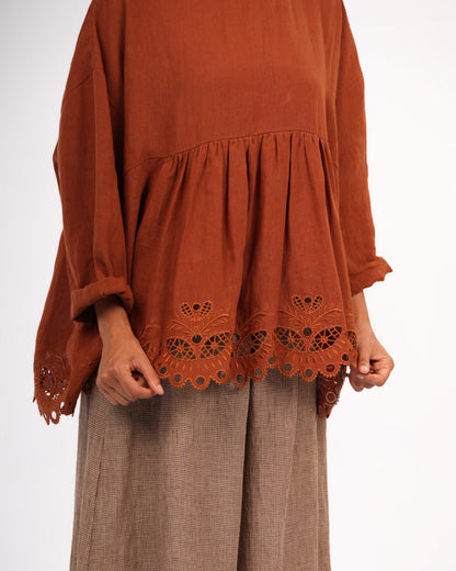 Montaigne Embroidered French Linen Blouse Rust1