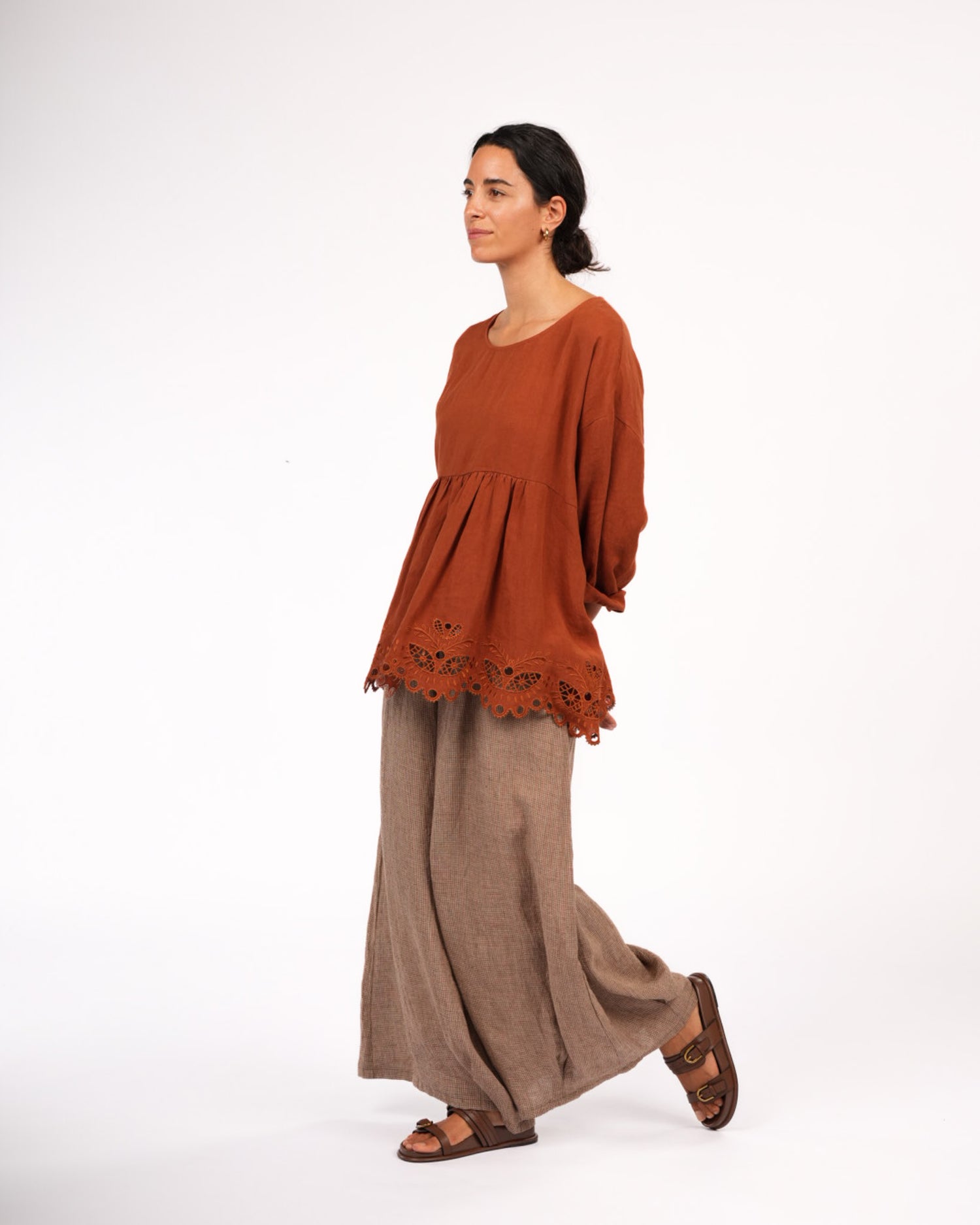 Montaigne Embroidered French Linen Blouse Rust2