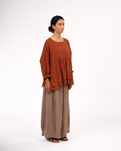 Montaigne Embroidered French Linen Blouse Rust3