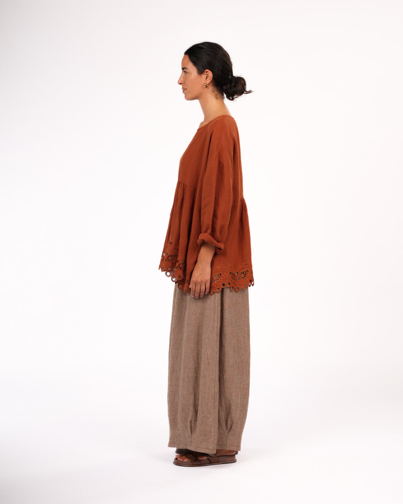 Montaigne Embroidered French Linen Blouse Rust4