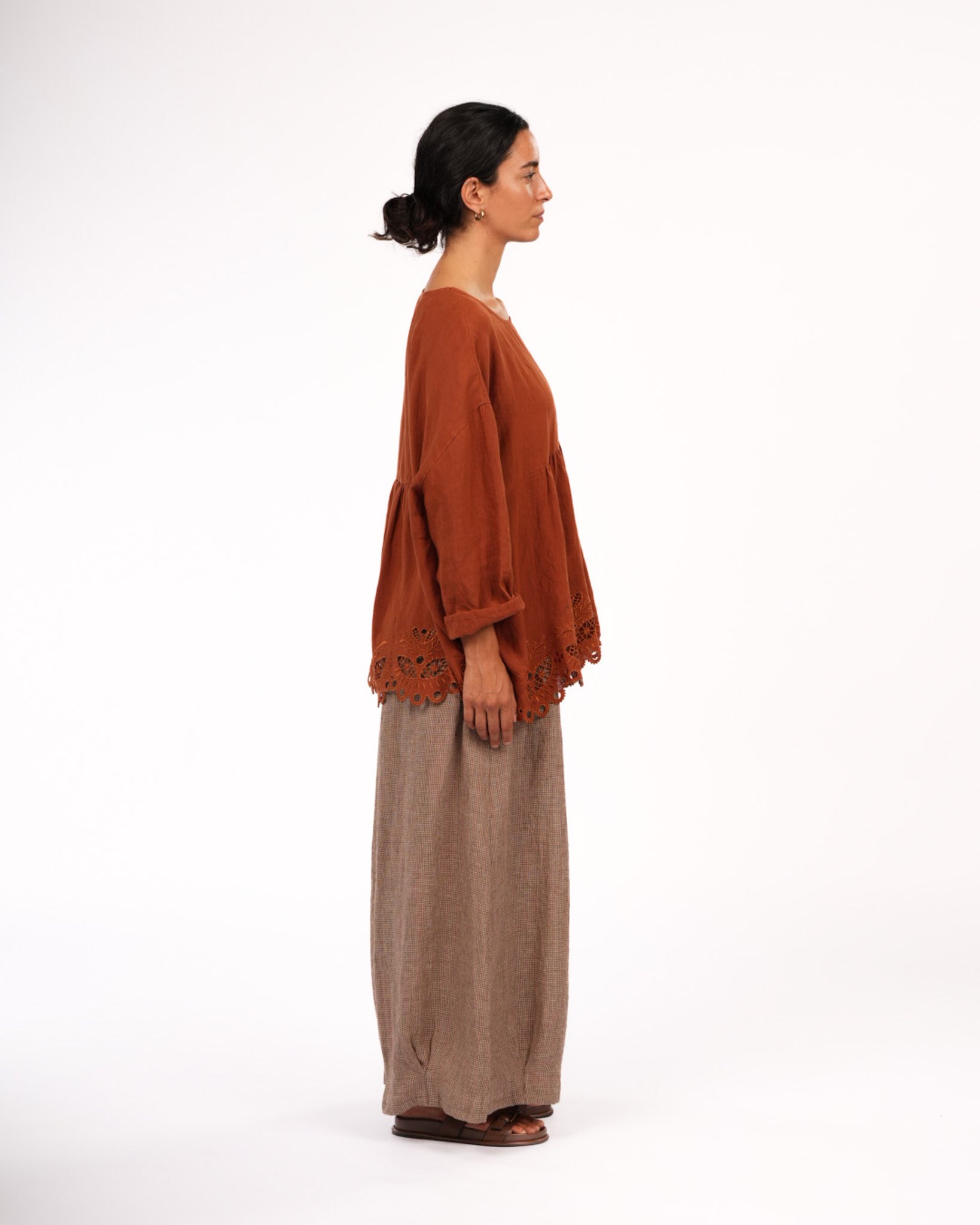 Montaigne Embroidered French Linen Blouse Rust5