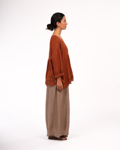 Montaigne Embroidered French Linen Blouse Rust5