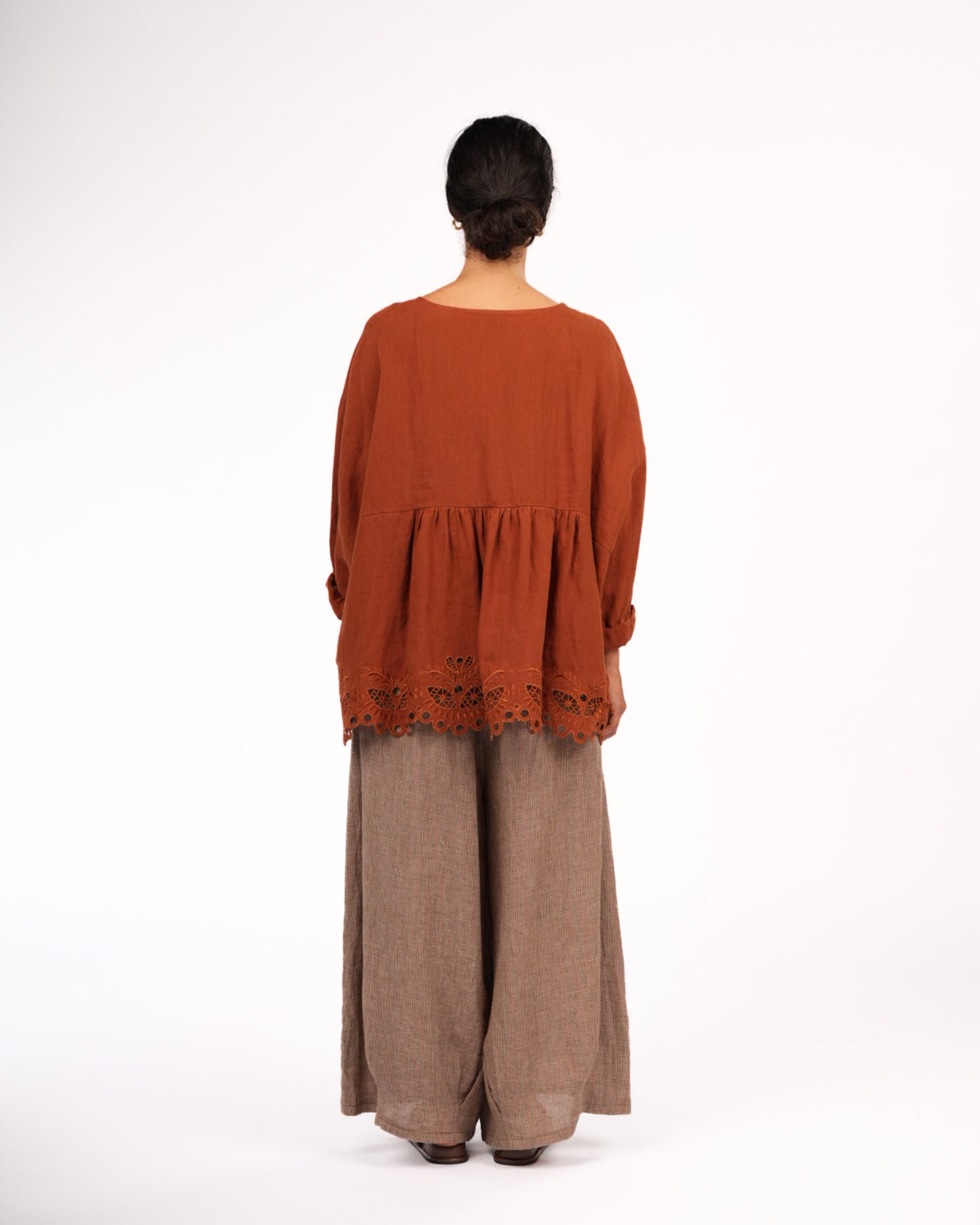Montaigne Embroidered French Linen Blouse Rust6