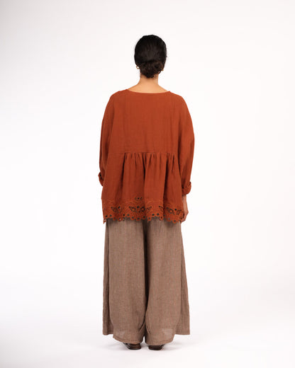 Montaigne Embroidered French Linen Blouse Rust6