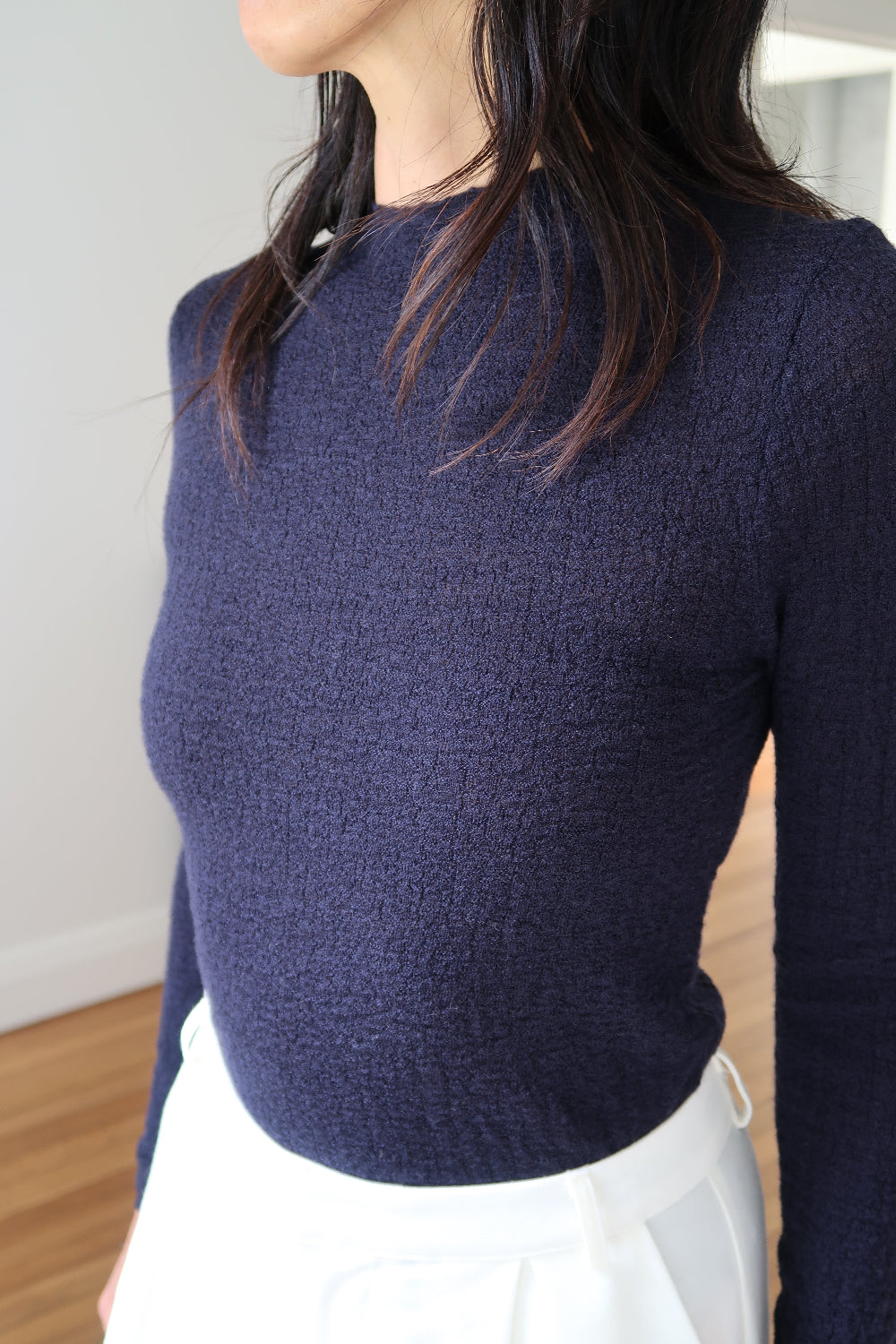 Montaigne Essential Superfine Lambswool Mock Neck Top Navy2