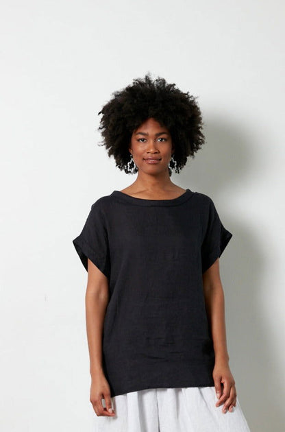 Montaigne European Linen Short Sleeve Top with Semi Cowl Neck Black