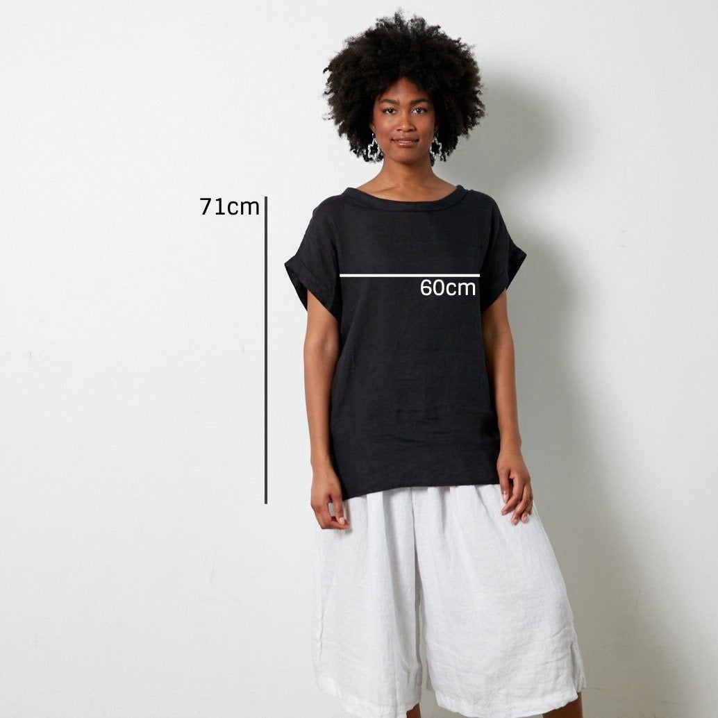Montaigne European Linen Short Sleeve Top with Semi Cowl Neck Black2