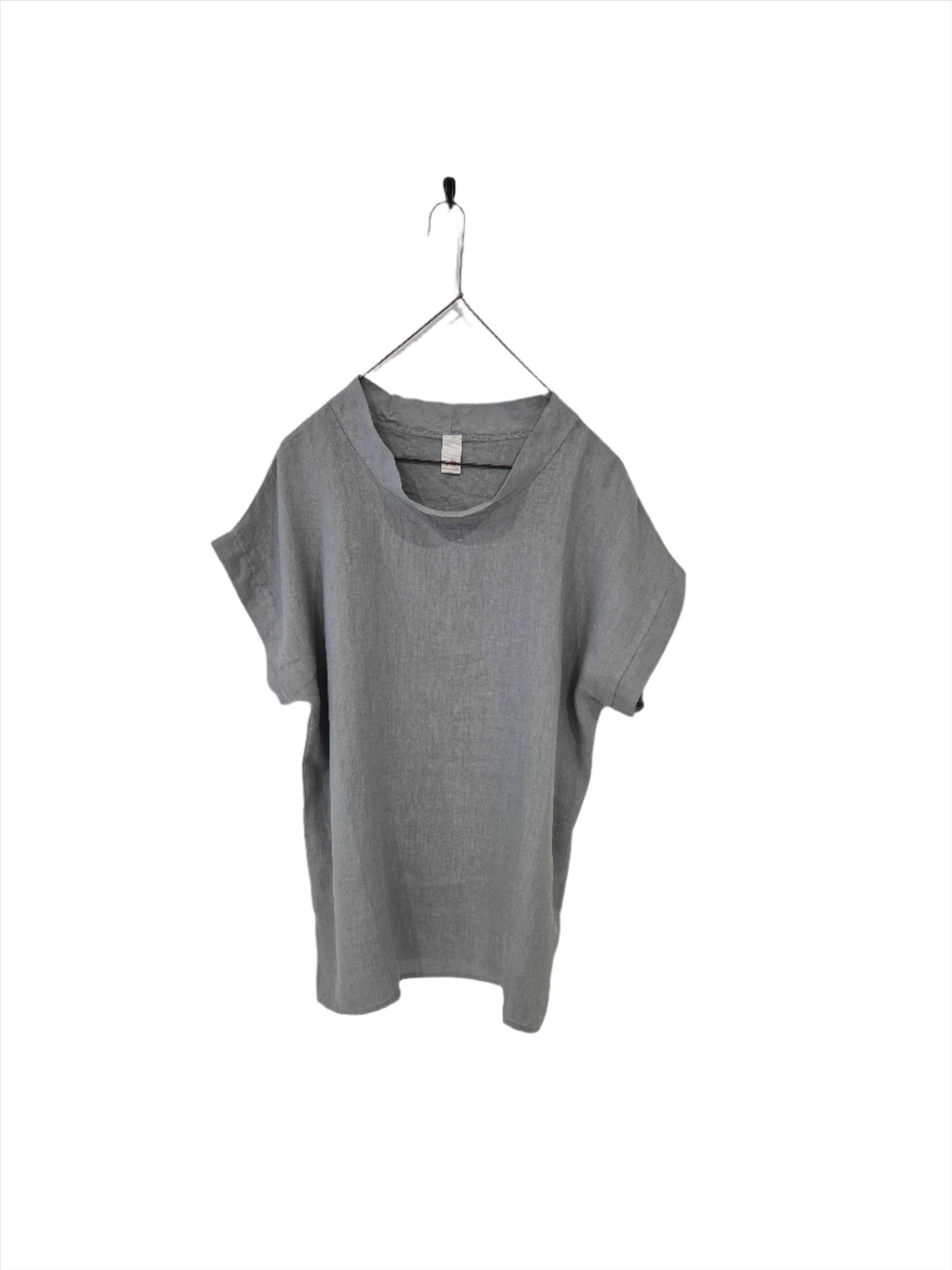 Montaigne European Linen Short Sleeve Top with Semi Cowl Neck Charcoal