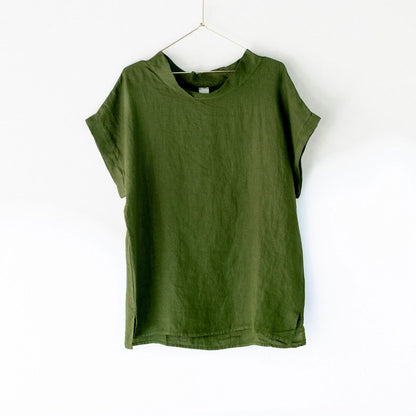 Montaigne European Linen Short Sleeve Top with Semi Cowl Neck Forest Green