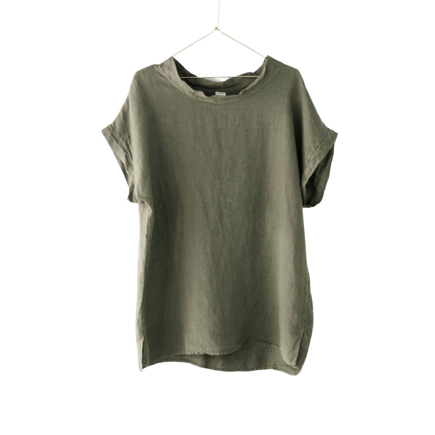 Montaigne European Linen Short Sleeve Top with Semi Cowl Neck Khaki