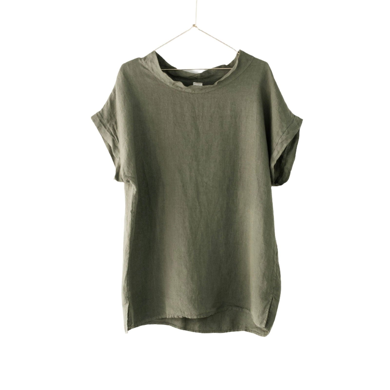 Montaigne European Linen Short Sleeve Top with Semi Cowl Neck Khaki