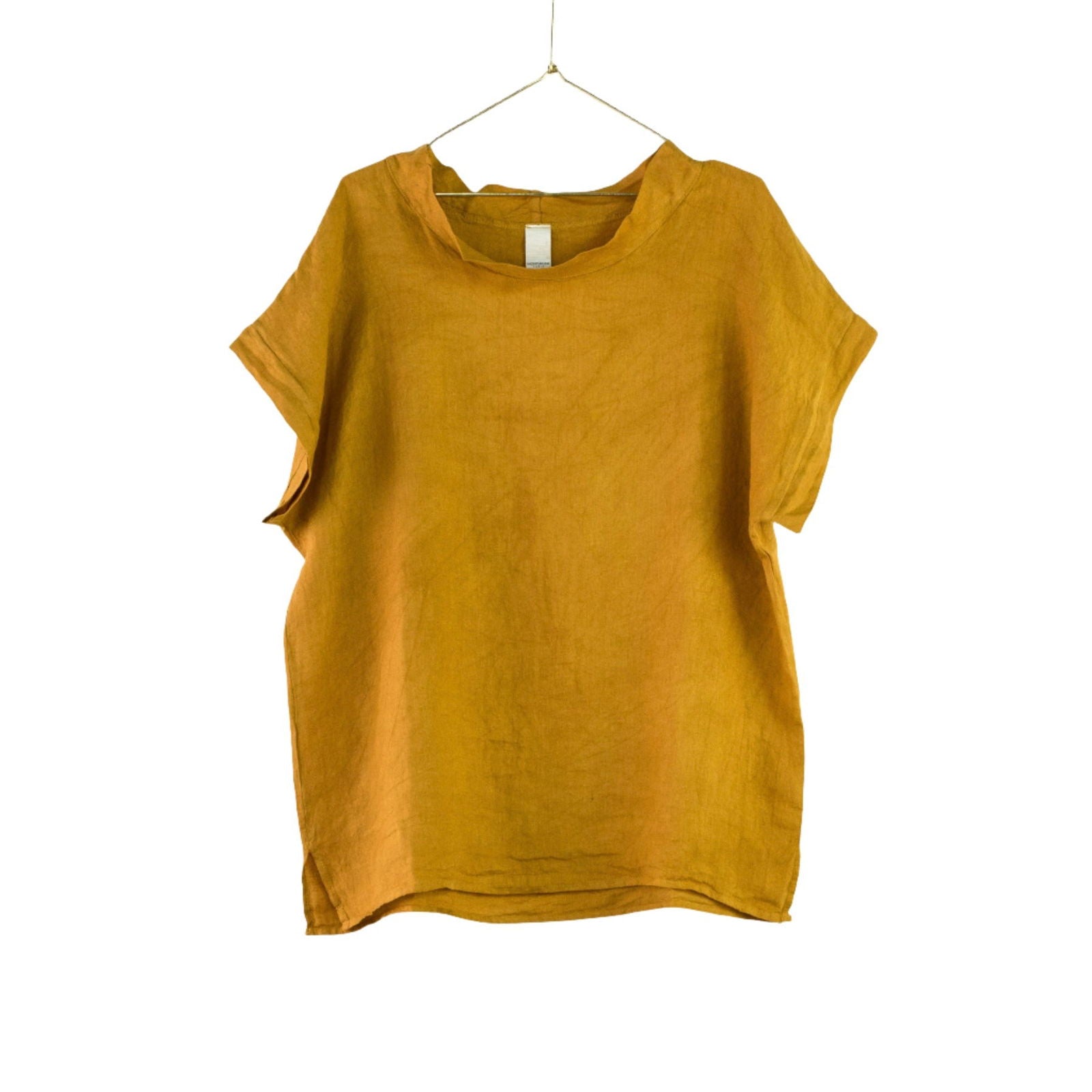 Montaigne European Linen Short Sleeve Top with Semi Cowl Neck Mustard