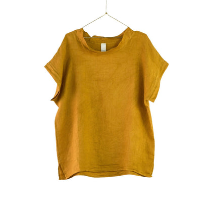 Montaigne European Linen Short Sleeve Top with Semi Cowl Neck Mustard