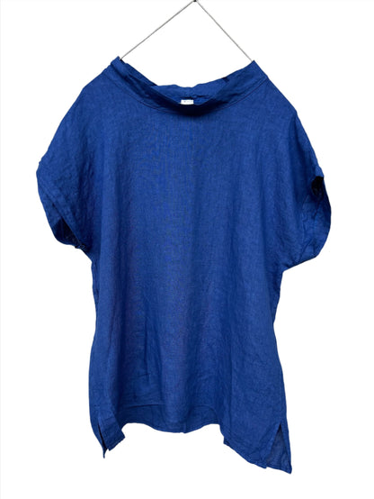 Montaigne European Linen Short Sleeve Top with Semi Cowl Neck Royal Blue