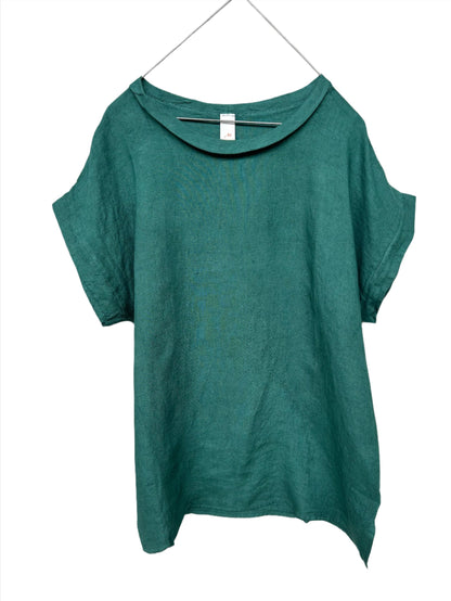 Montaigne European Linen Short Sleeve Top with Semi Cowl Neck Teal