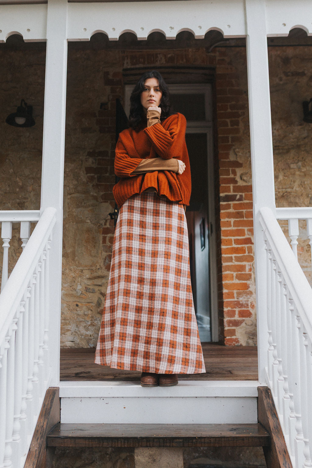 Montaigne Francie French Linen Maxi Skirt in Blue Clay Check2