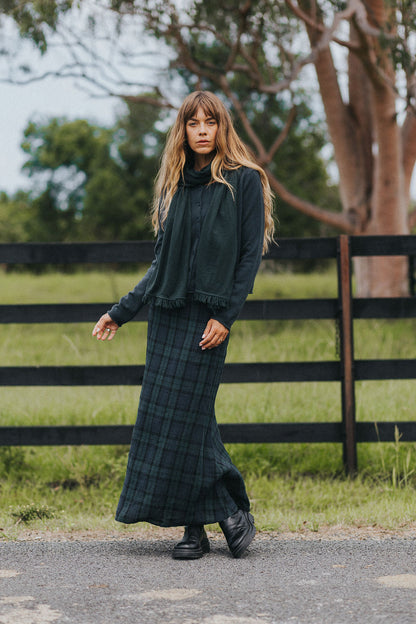 Montaigne Francie French Linen Maxi Skirt In Blue Tartan8