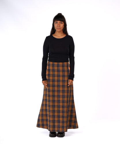 Montaigne Francie French Linen Maxi Skirt in Blue Tweed Check