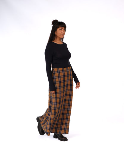 Montaigne Francie French Linen Maxi Skirt in Blue Tweed Check1