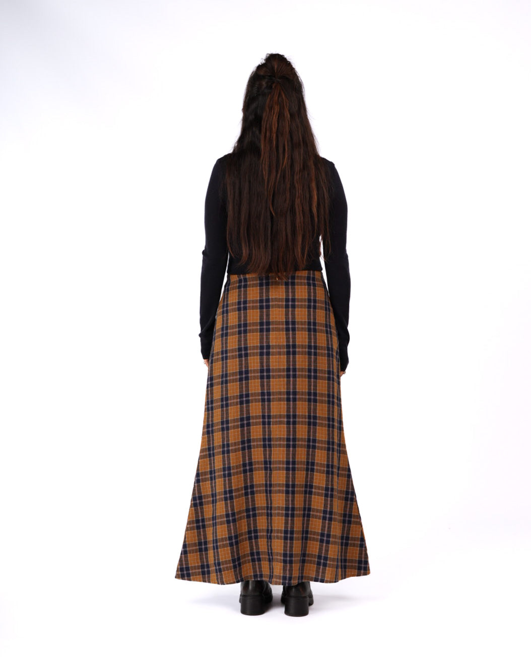 Montaigne Francie French Linen Maxi Skirt in Blue Tweed Check3