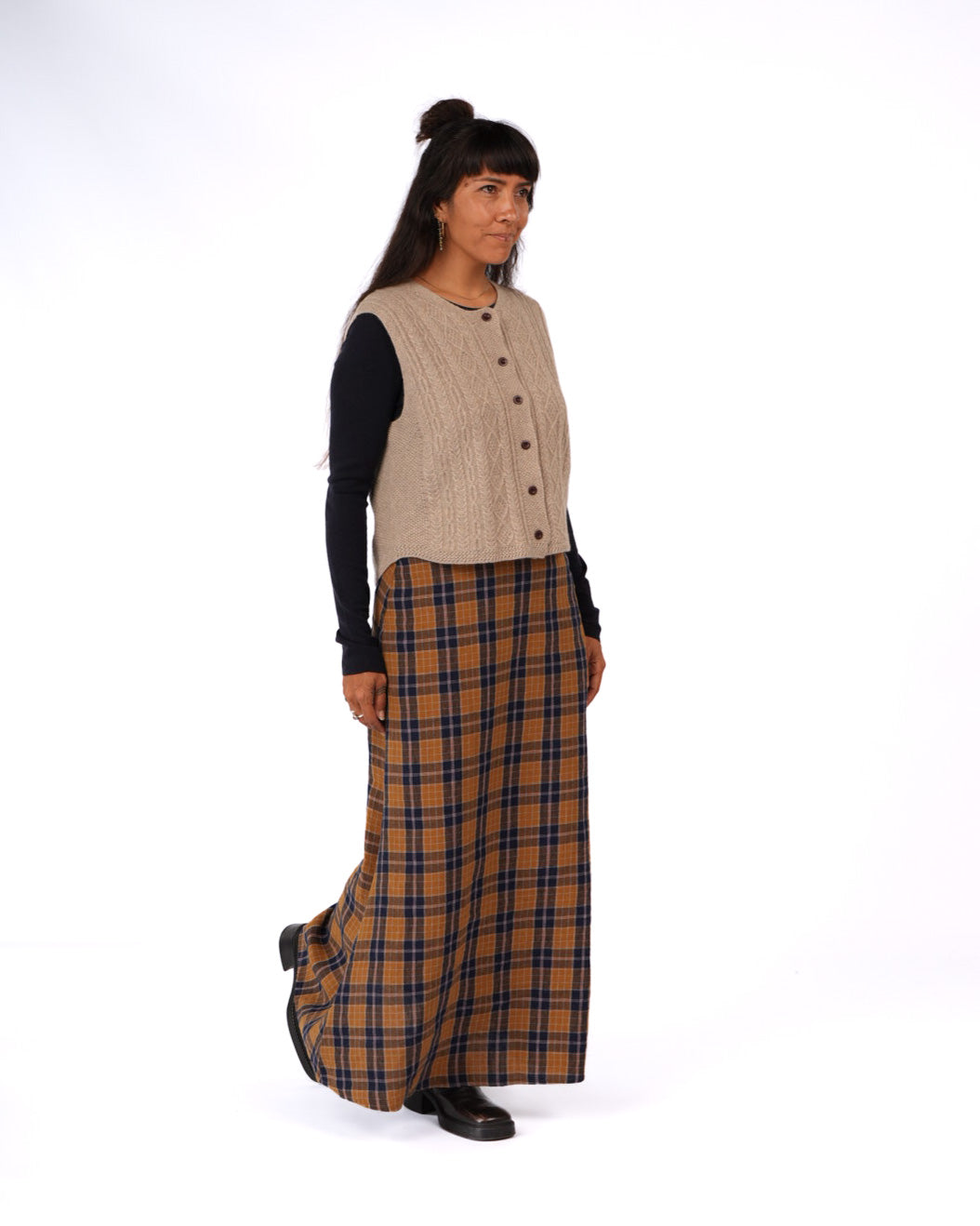 Montaigne Francie French Linen Maxi Skirt in Blue Tweed Check5