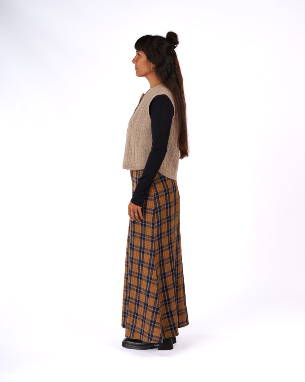 Montaigne Francie French Linen Maxi Skirt in Blue Tweed Check6