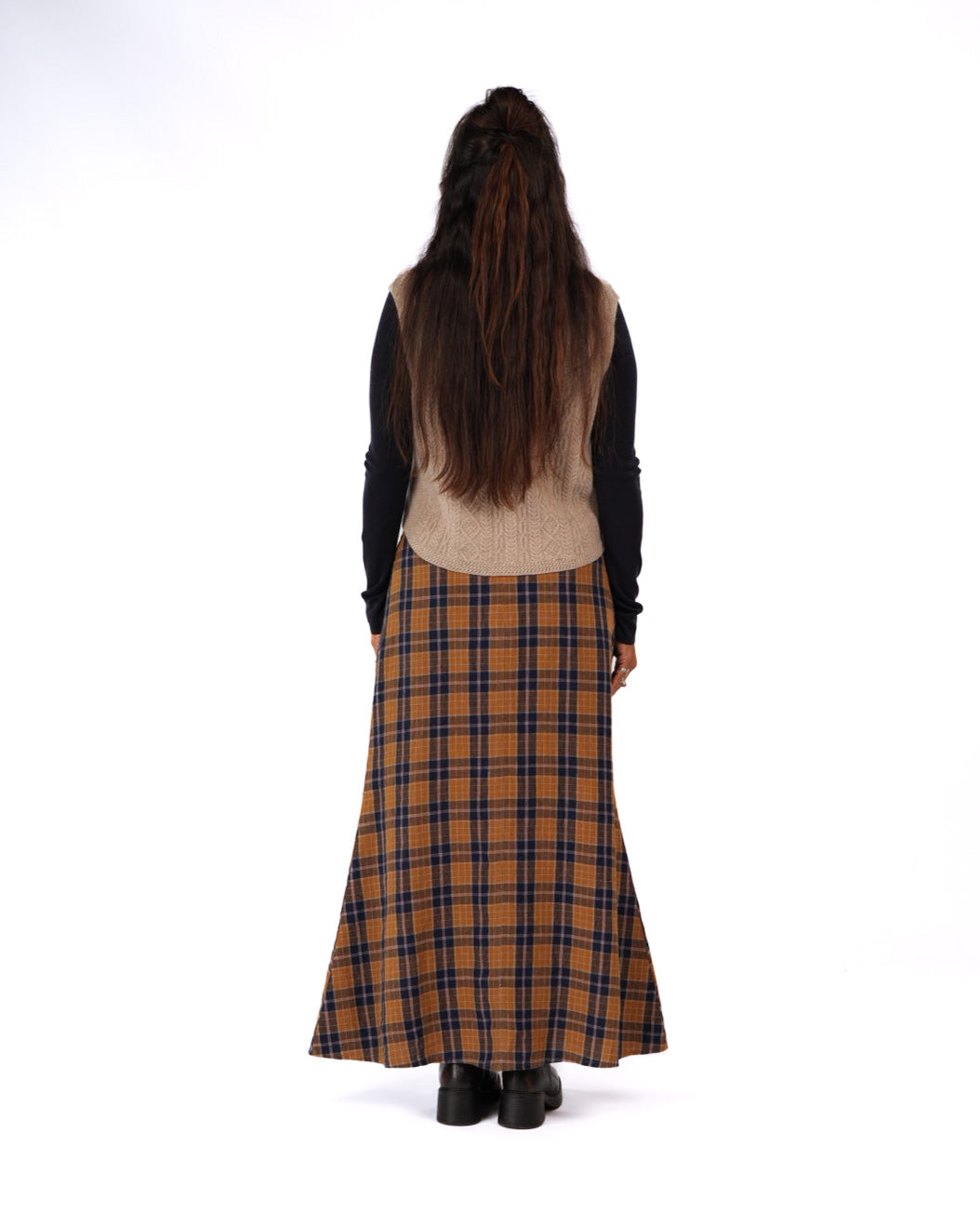 Montaigne Francie French Linen Maxi Skirt in Blue Tweed Check7