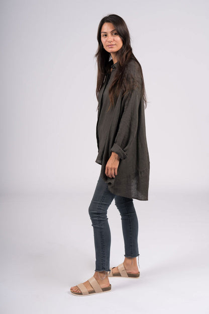 Montaigne Francois Long Sleeve Button Up Linen Shirt Chocolate