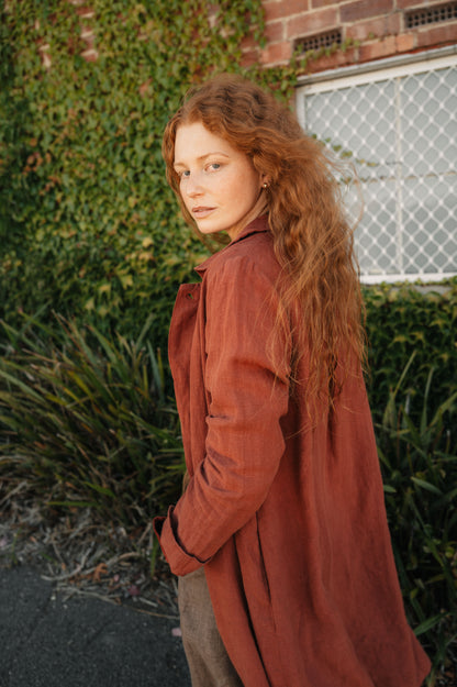 Montaigne French Linen Button-Through Jacket - Peter Pan Collar Burnt Sienna